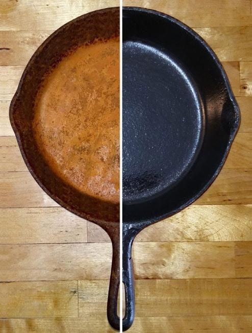 Rusty cast iron skillet before cleaning