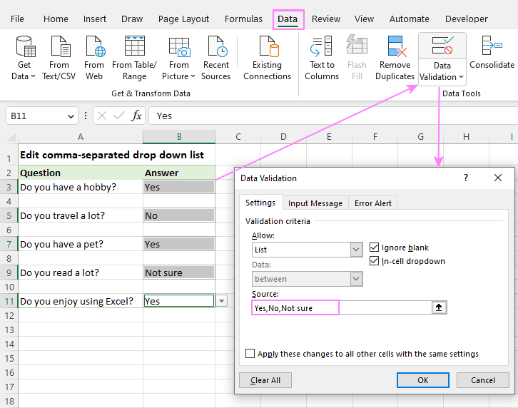 How to create a drop down in Excel